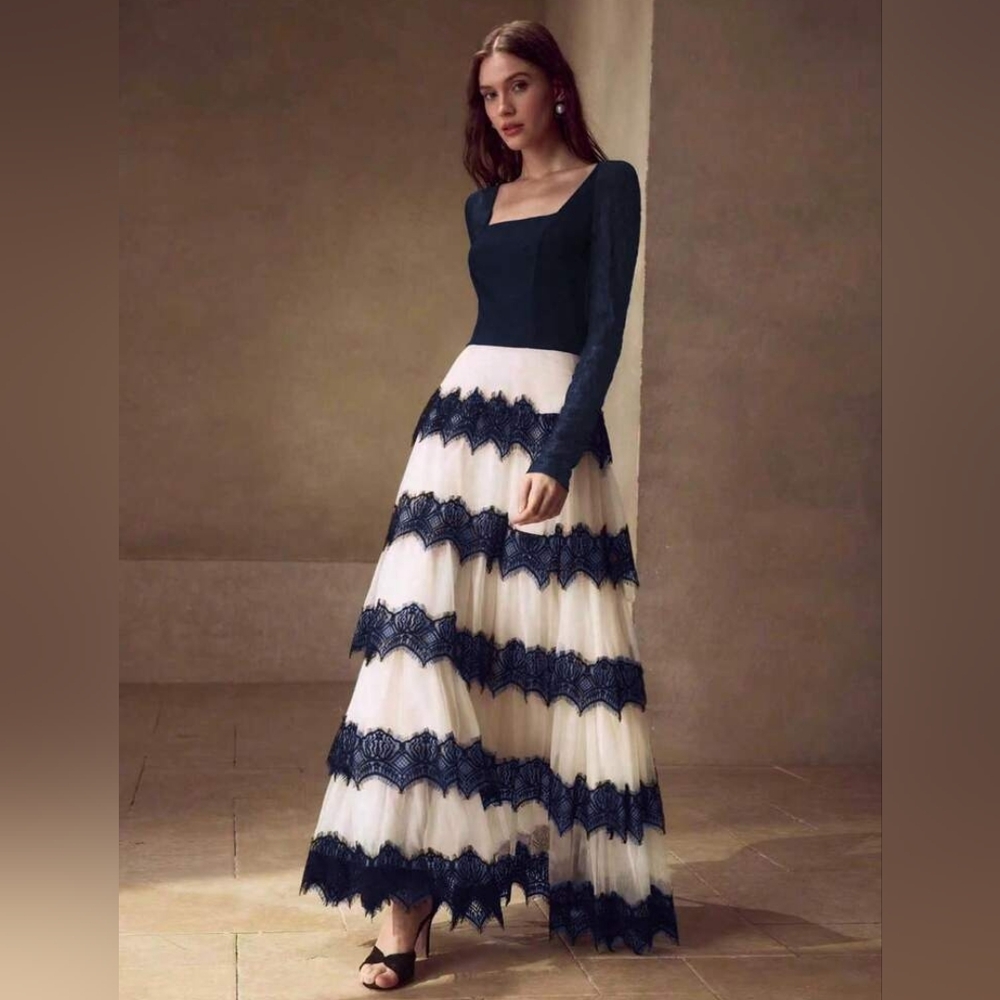COQUETTE GOTH DREAM! MOTF Premium Contrast Lace Colorblock Tiered Maxi Dress S